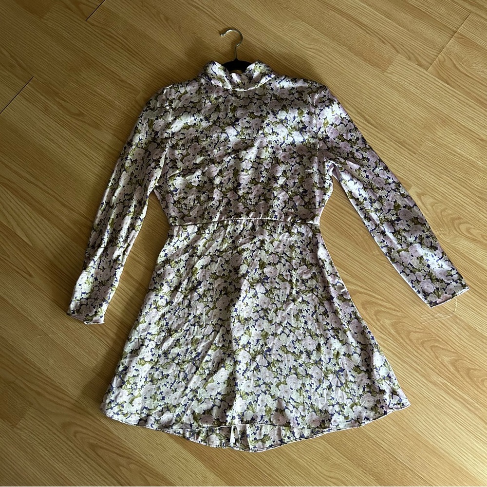 Zara Light Purple Floral High Neck Tie Satin Mini Dress Medium